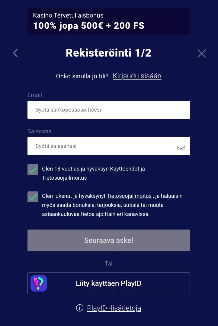 Rekisteröintilomake Frumzi casino