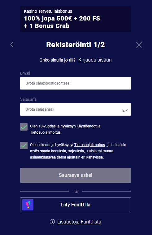 Rekisteroityminen Frumzi Casinolle